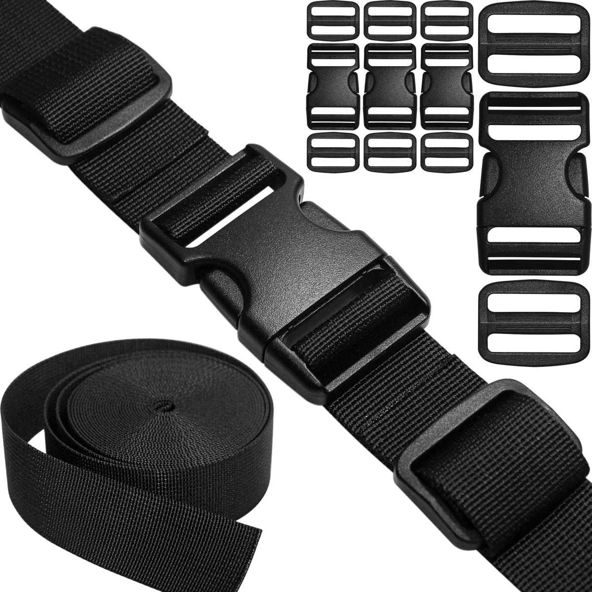 1-1/2" Straps and Buckles Set: 6 yard Nylon Webbing 1.5 inch (38 mm) Wide, 4 pack Side Release Buckle, 8 pcs Tri-Glide Sliders, Plastic Clip Fasteners Replacement Heavy Duty Dual Adjustable No Sew