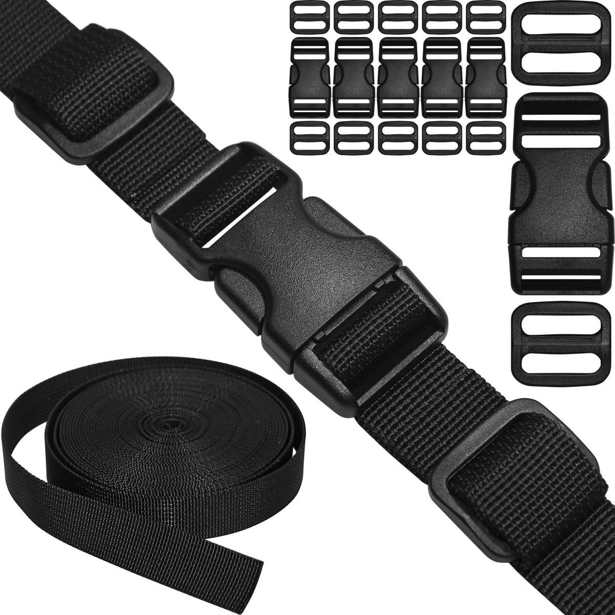 1-1/2" Straps and Buckles Set: 6 yard Nylon Webbing 1.5 inch (38 mm) Wide, 4 pack Side Release Buckle, 8 pcs Tri-Glide Sliders, Plastic Clip Fasteners Replacement Heavy Duty Dual Adjustable No Sew