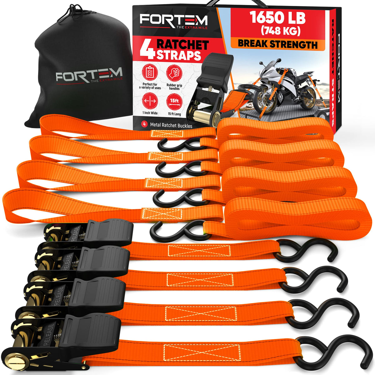 FORTEM Ratchet Straps - Tie Down Strap Set, 4 Pack, 1650lb Break Strength