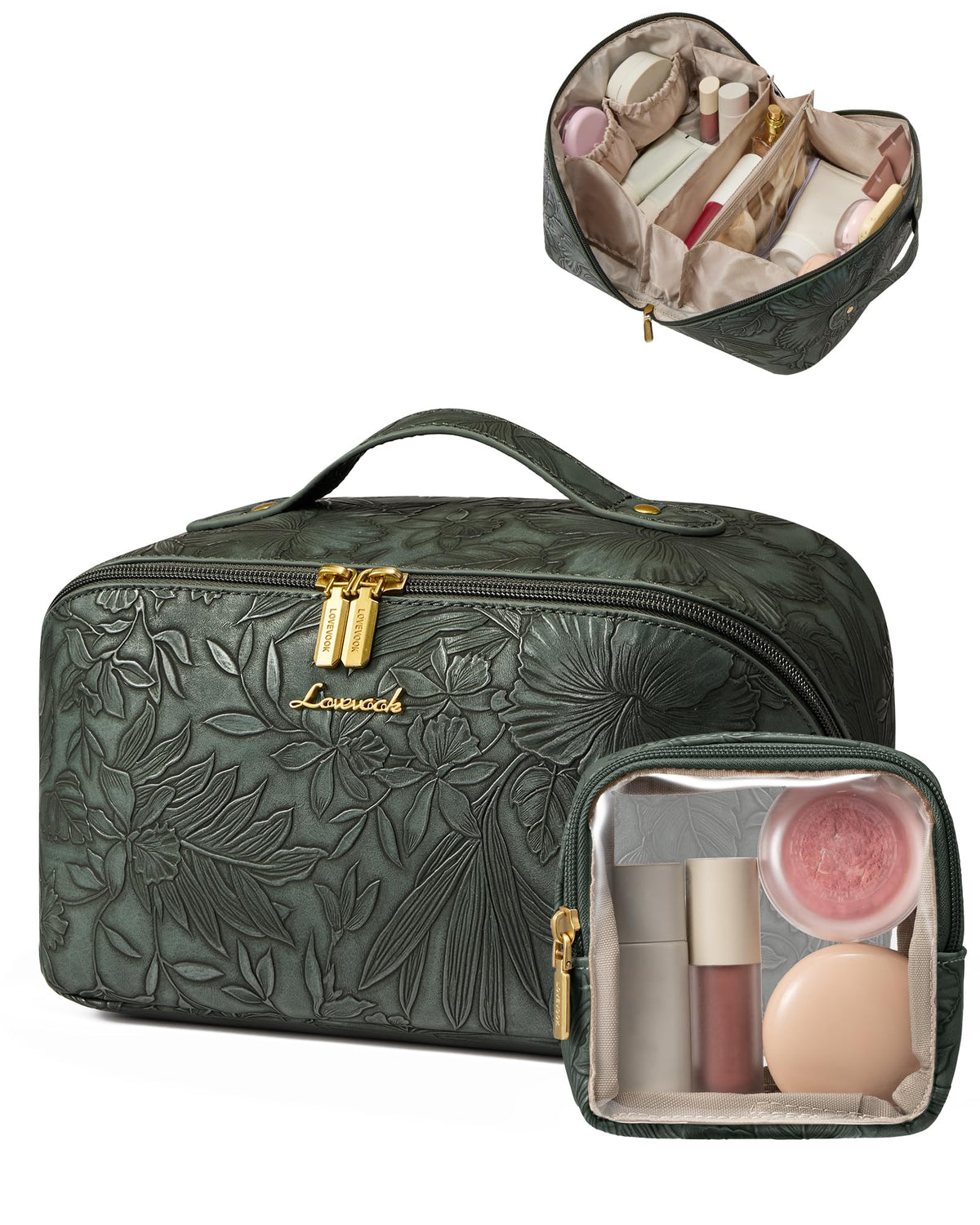 LOVEVOOK Travel Makeup Bag for Women, 2Pcs Large Capacity Cosmetic Organizer Bag, Waterproof PU Leather, Flat Open Portable Small Toiletry Pouch for Skincare, Brushes