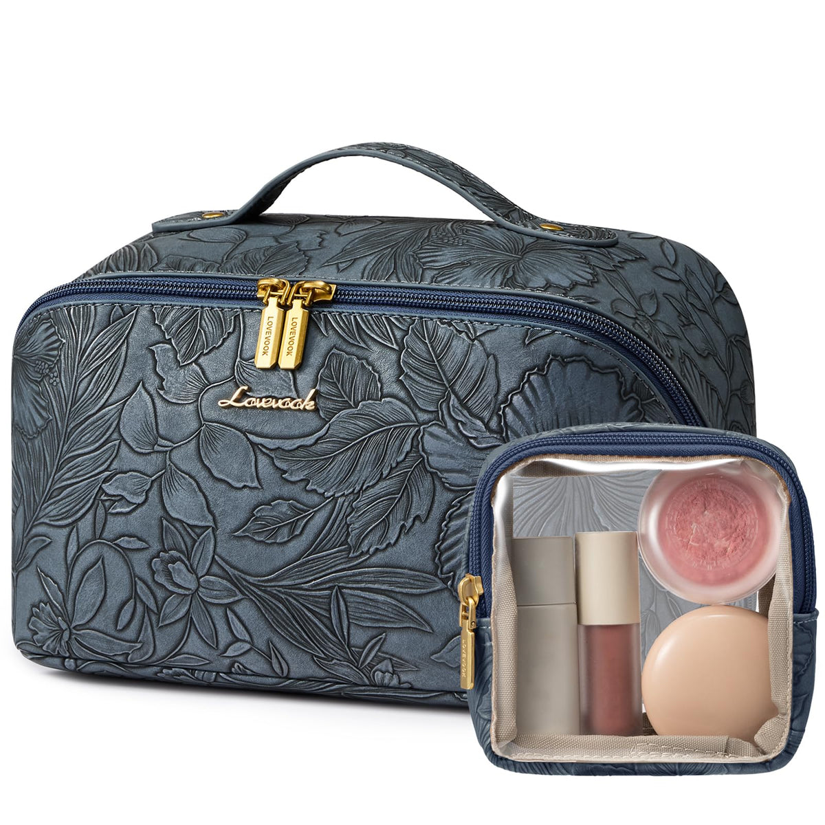 LOVEVOOK Travel Makeup Bag for Women, 2Pcs Large Capacity Cosmetic Organizer Bag, Waterproof PU Leather, Flat Open Portable Small Toiletry Pouch for Skincare, Brushes