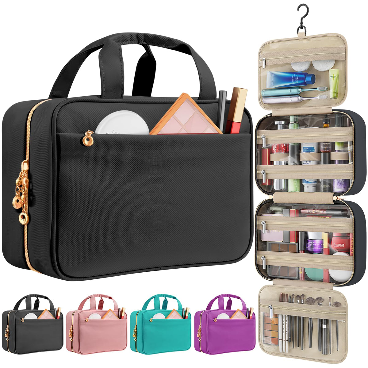 Travel Toiletry Bag for Women, Hanging Makeup Organizer Clear Pockets