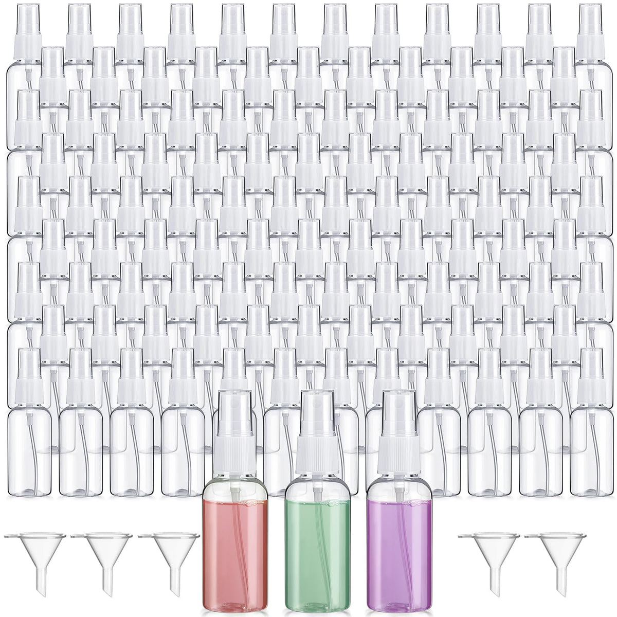 Uiifan 100 Pcs Mini Clear Spray Bottles 1 oz Small Empty Plastic Fine Mist Spray Bottles with Small Funnels for Essential Oils Travel Alcohol Perfumes