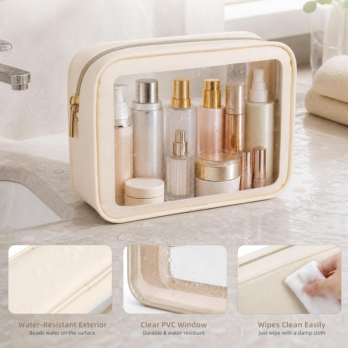 Clear Toiletry Bag, TSA Approved Makeup Bag, 3 Pack, Beige