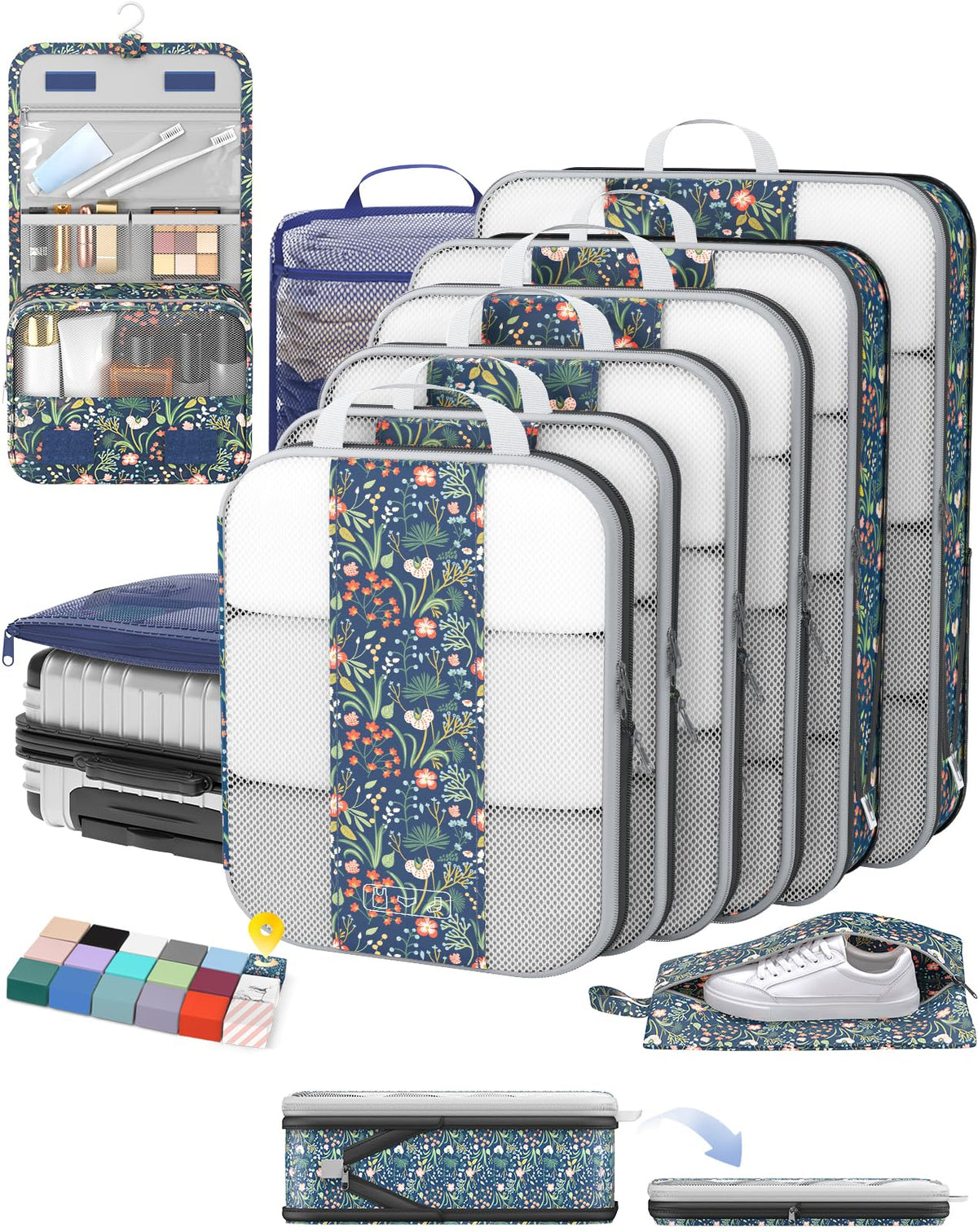 OlarHike 8 Set Compression Packing Cubes for Travel Gifts Mom Women,Airplane/Car/Cruise Travel Essentials,Compressible Expandable Space Saver Bags,Garment Bags with Over 1000 pcs Mesh Holes(Beige)