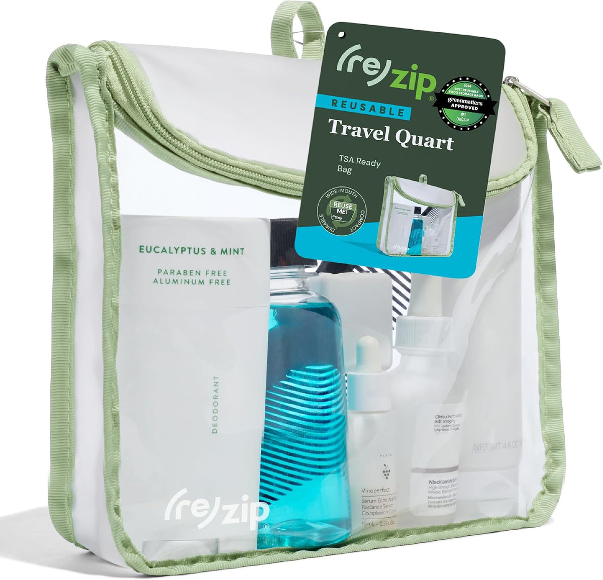 (re)zip Clear Quart Travel Toiletry & Cosmetic Bag, TSA Compliant - Sage