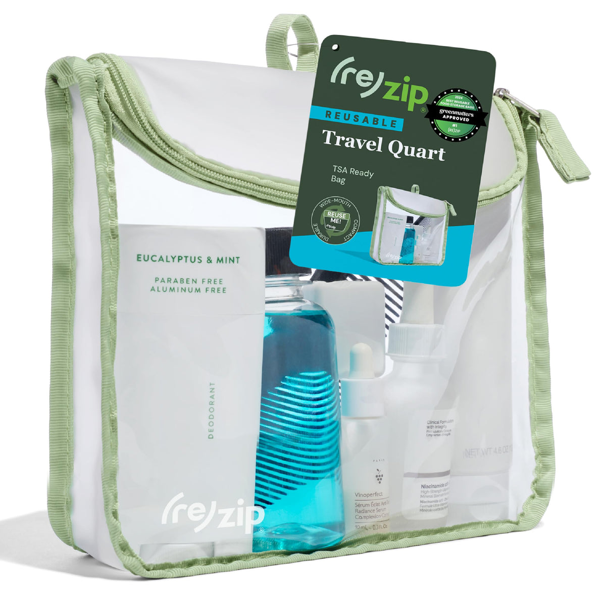 (re)zip Clear Quart Travel Toiletry & Cosmetic Bag, TSA Compliant - Sage