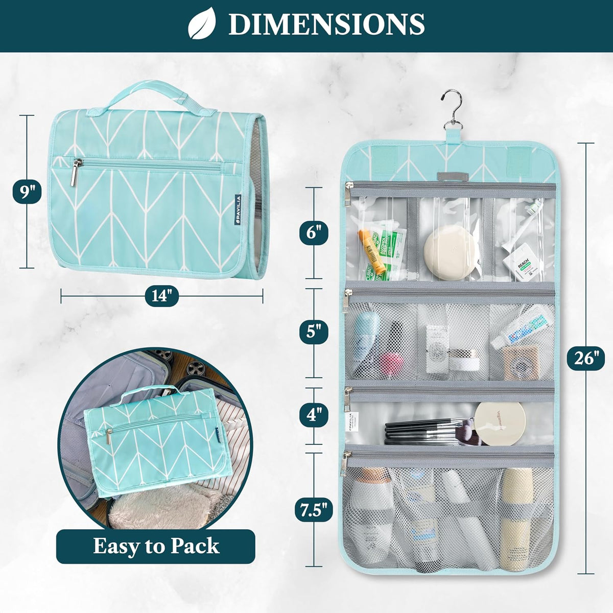 PAVILIA Hanging Toiletry Bag for Women Men Foldable Travel Organizer, Teal