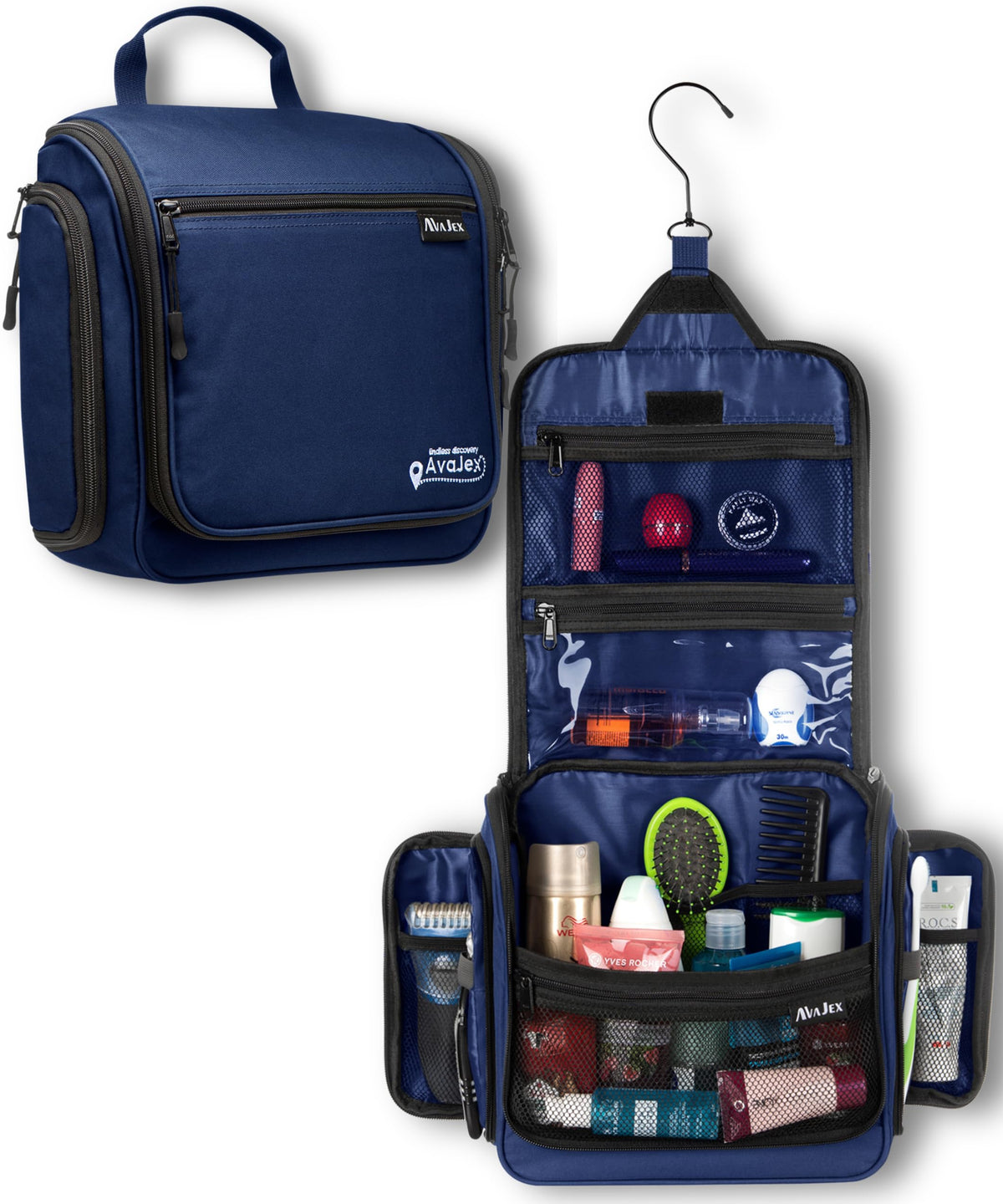 AvaJex Travel Toiletry Bag for Men - Large Dopp Kit (10.6"x10.6"x3.2") - Hanging Waterproof Mens Hygiene Organizer Bag with XXL Metal Swivel Hook, Sturdy Zippers and 19 Compartments for Toiletries