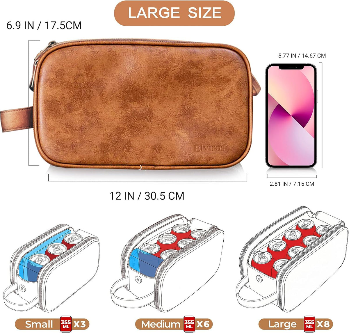 Elviros Toiletry Bag for Men PU Leather Shaving Dopp Kit (Large,Brown)