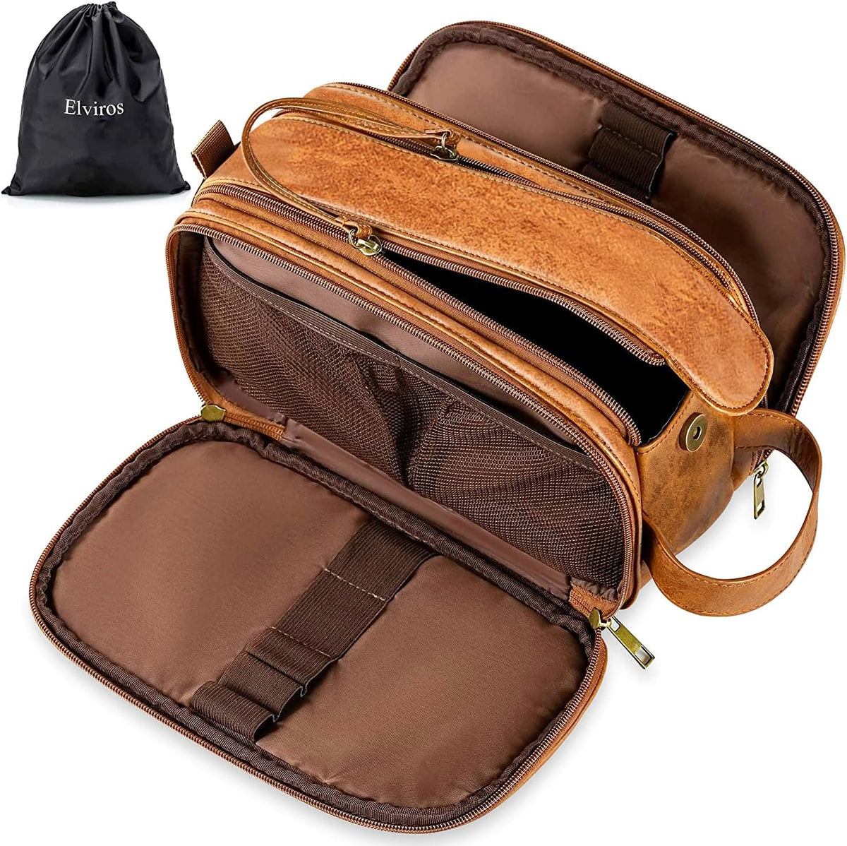 Elviros Toiletry Bag for Men PU Leather Shaving Dopp Kit (Large,Brown)