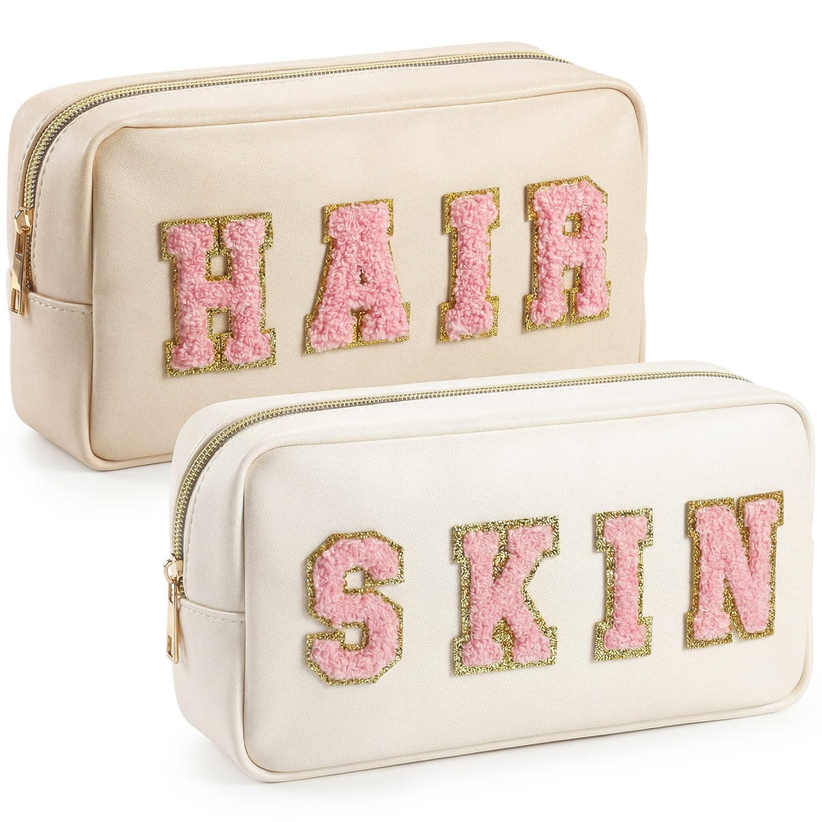Preppy Makeup Bags Chenille Letter Stuff Bag Nylon Cosmetic Pouch Cases with Zipper for Women Travel Toiletry(Brown Set,Classic,4 Pcs)