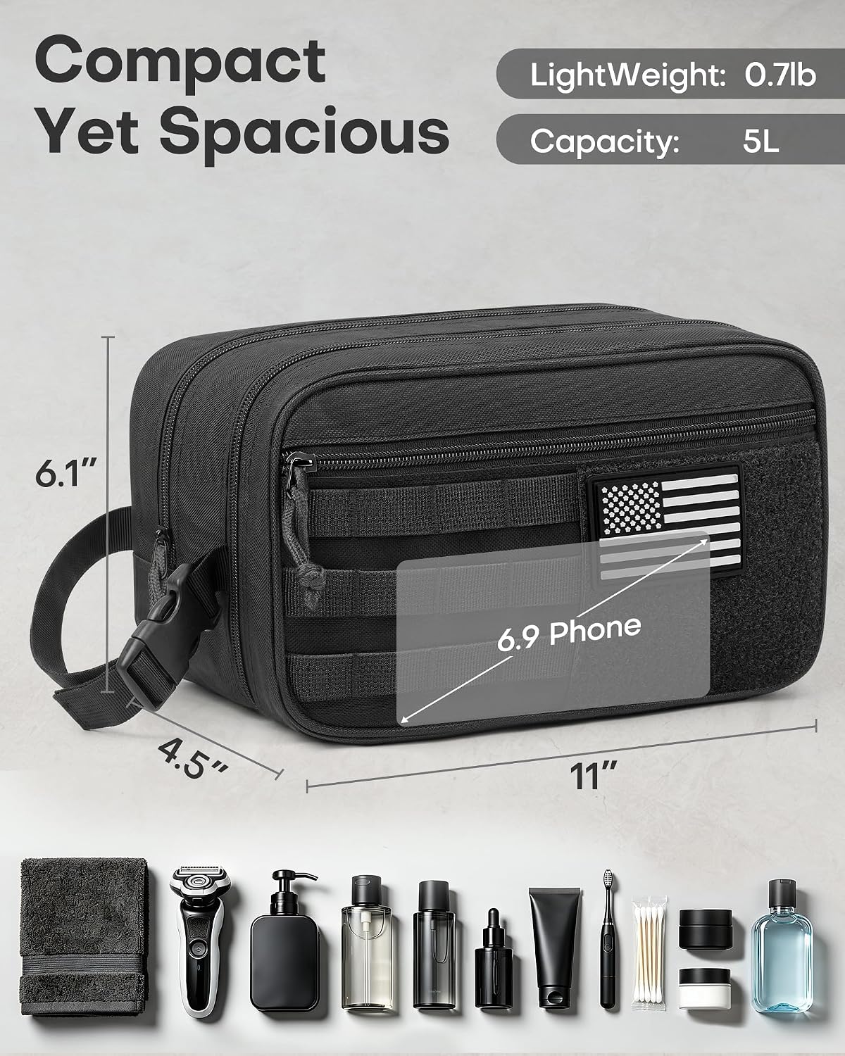 HOTOR Tactical Toiletry Bag Men, MOLLE Pouches, EDC Pouch, Medium, Black