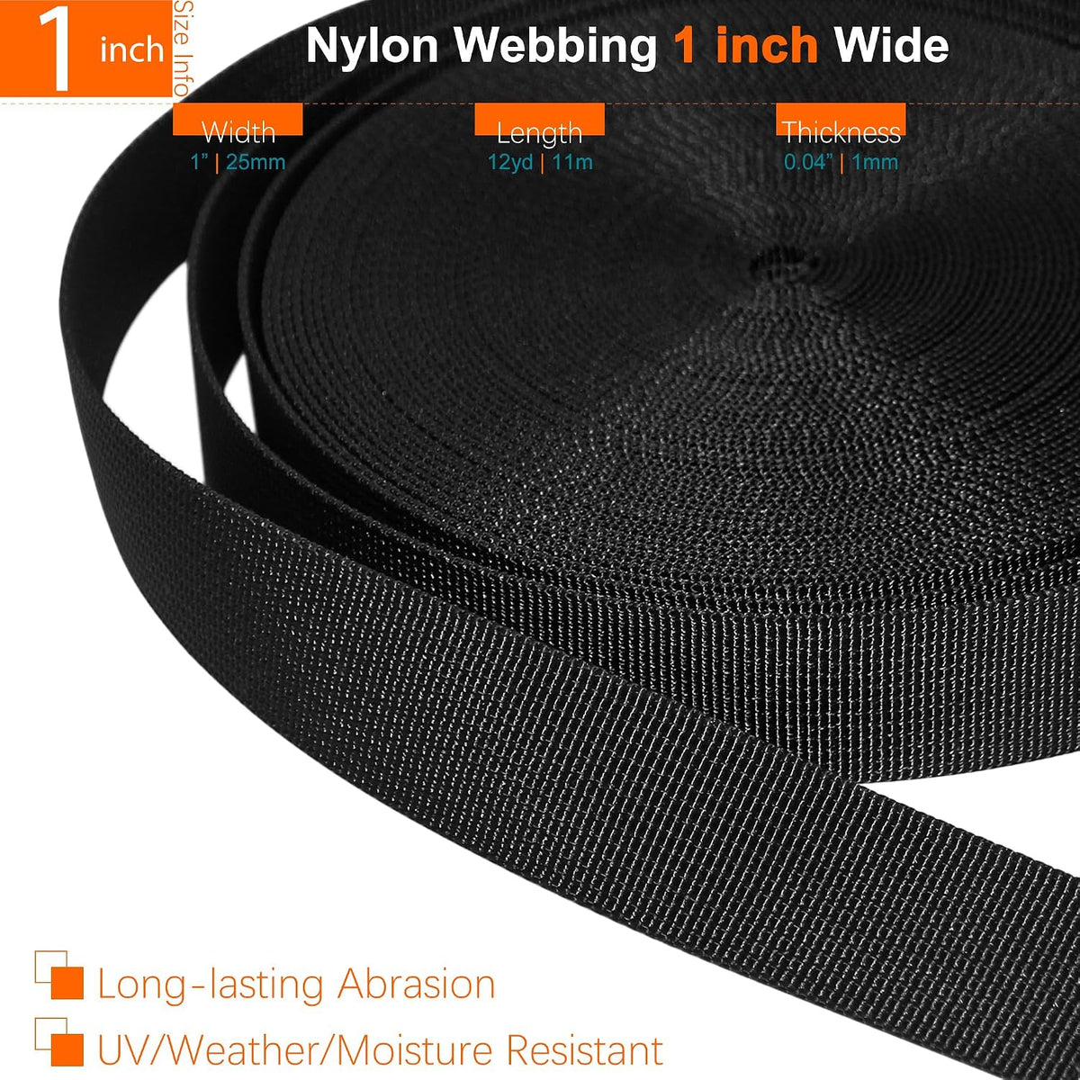 1 inch Straps and Buckles Set: 12 Yard Nylon Webbing Strap 1" Wide, 10 Pack Side Release Plastic Buckle, 20 pcs Tri-Glide Slide Clip, Heavy Duty Quick Snap Fastener Dual Adjustable No Sewing Required