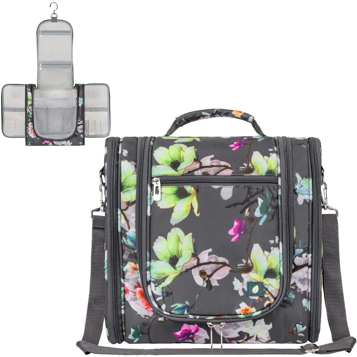 PAVILIA Toiletry Bag Travel Bag for Women Men, Hanging Cosmetic Organizer, Water Resistant Makeup Bag for Accessories Toiletries, Large Travel Essentials Kit (Floral Grey)