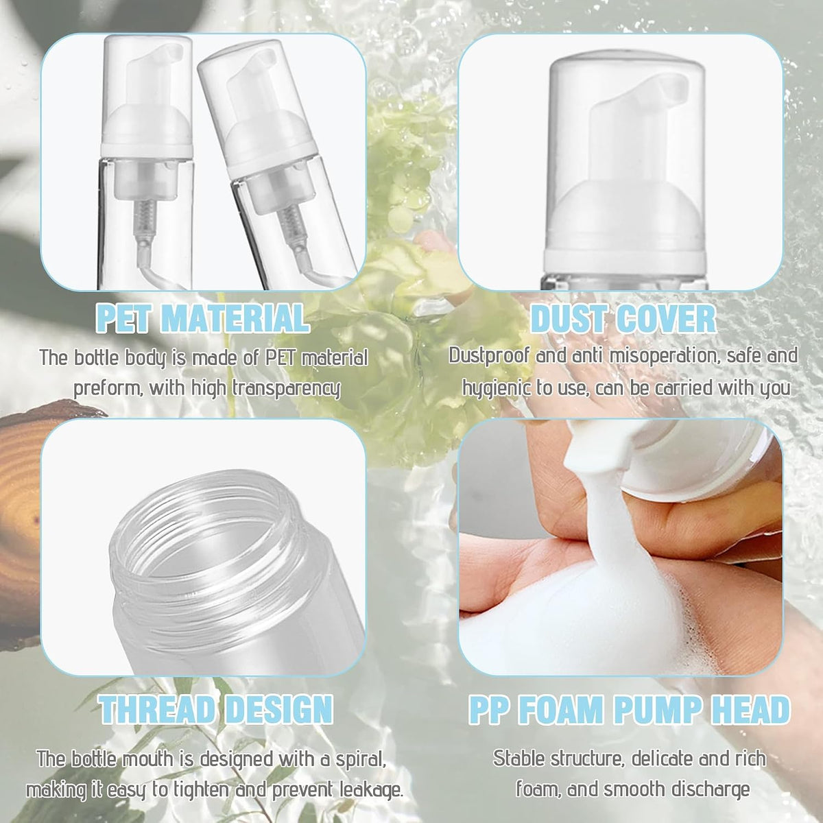 50 Pcs Foam Pump Bottle 1 oz Small Size Mousse Foam Soap Dispenser,Clear Plastic Empty Refillable Mini Foam Pump Bottle for Face Wash Shampoo Skin Care with 160 Labels(30 ml)