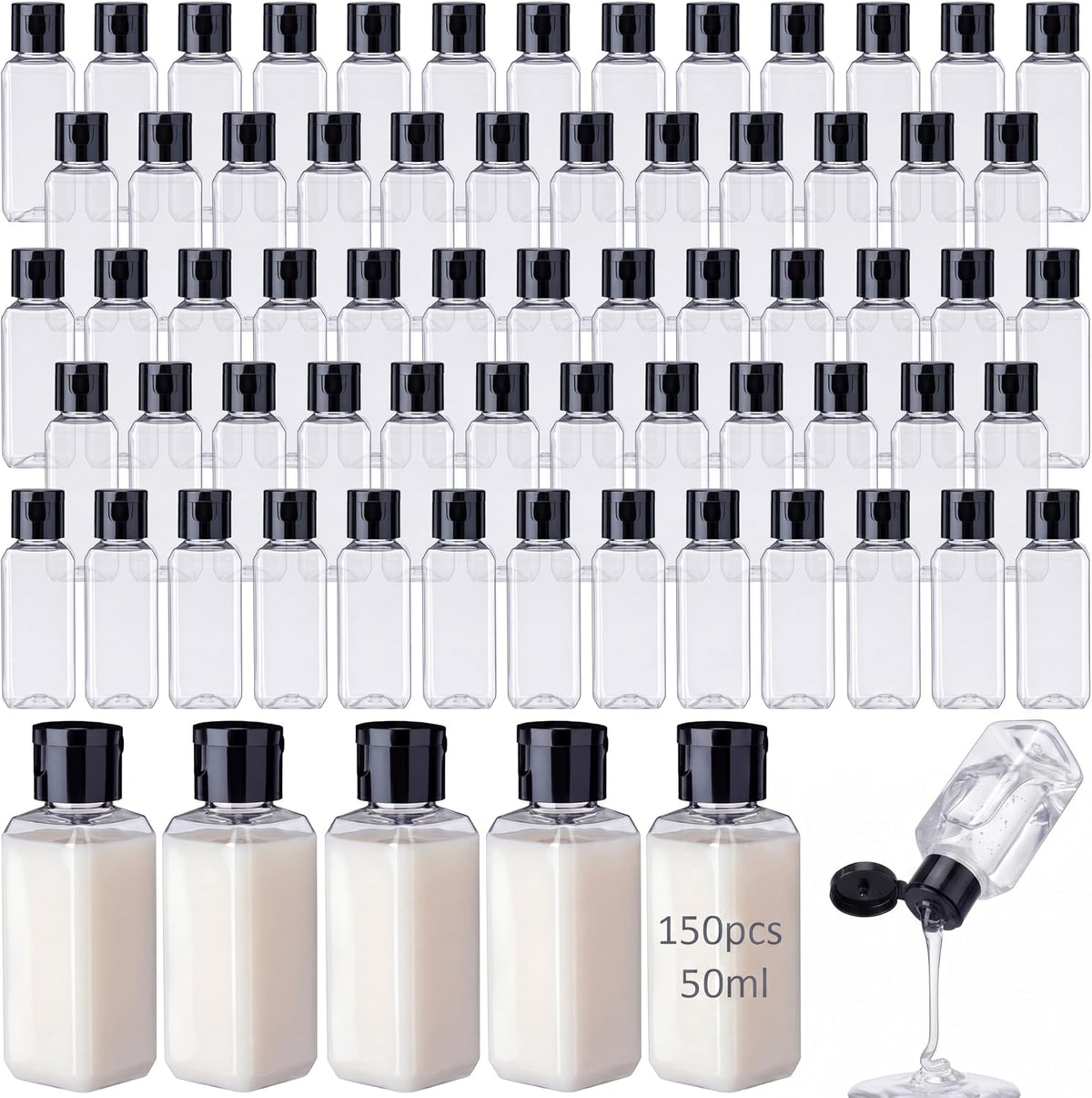 Mimorou 150 Pcs 2oz Travel Bottles Bulk Square Bottle for Toiletries