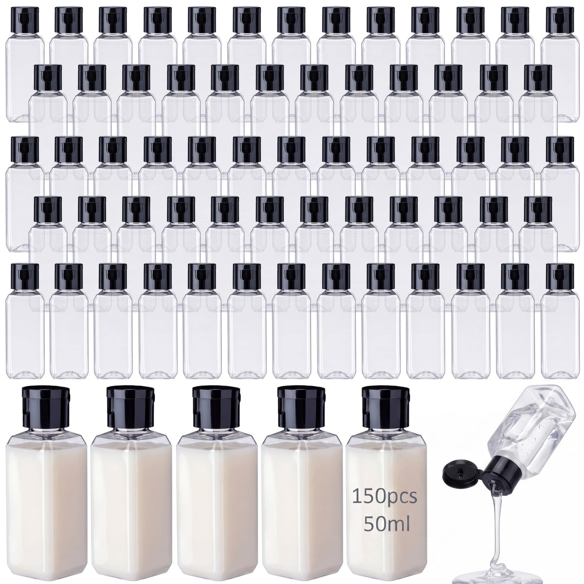 Mimorou 150 Pcs 2oz Travel Bottles Bulk Square Bottle for Toiletries