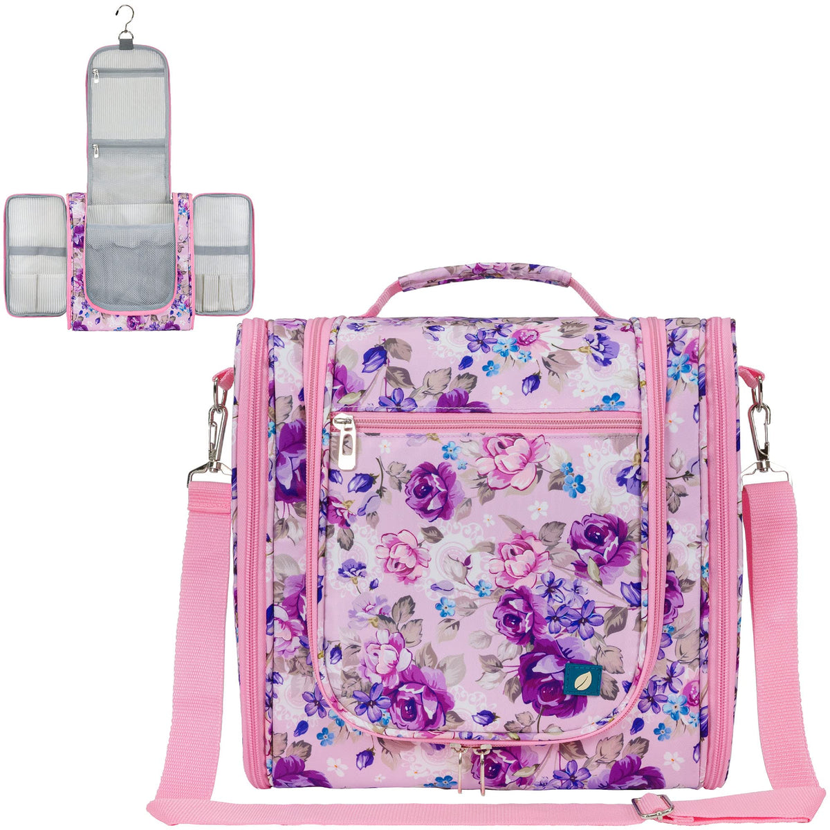 PAVILIA Toiletry Bag Travel Bag for Women Men, Hanging Cosmetic Organizer, Water Resistant Makeup Bag for Accessories Toiletries, Large Travel Essentials Kit (Floral Grey)