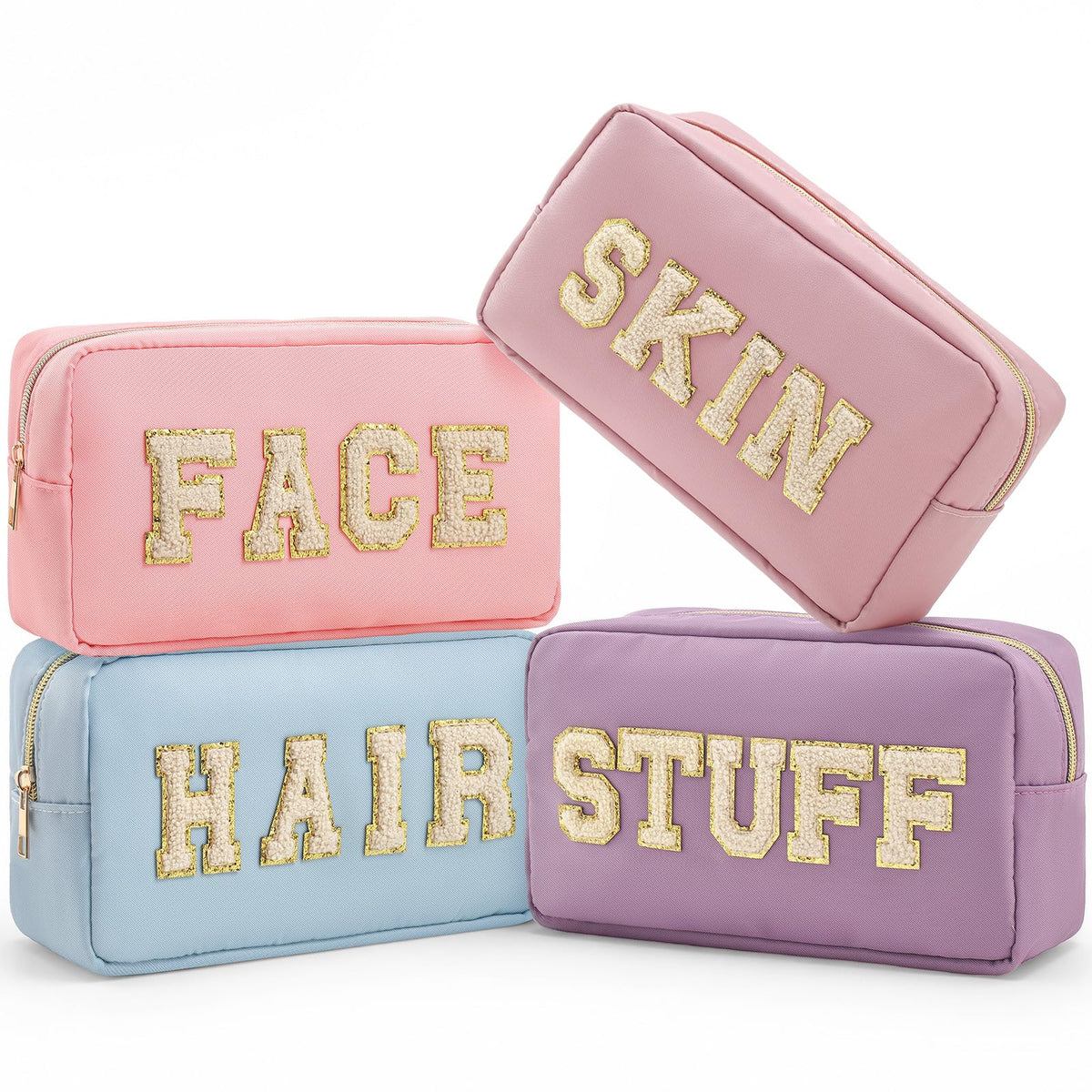 Preppy Makeup Bags Chenille Letter Stuff Bag Nylon Cosmetic Pouch Cases with Zipper for Women Travel Toiletry(Brown Set,Classic,4 Pcs)