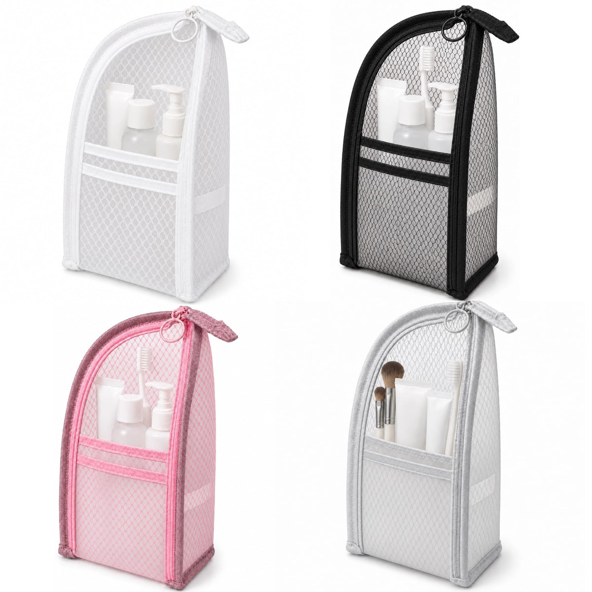 Standing Toiletry Bag Set, 4 Pack Portable EVA Mesh Travel Toiletry Pouches with Elastic Straps and Hanging Hole, Waterproof Makeup Organizer for Women Men - White Black Gray & Pink