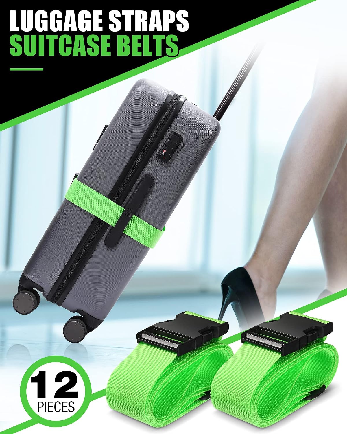 Saintrygo 12 Pack Luggage Straps for Suitcase TSA Approved Belts Wide Adjustable Packing Straps Travel Belts Accessories