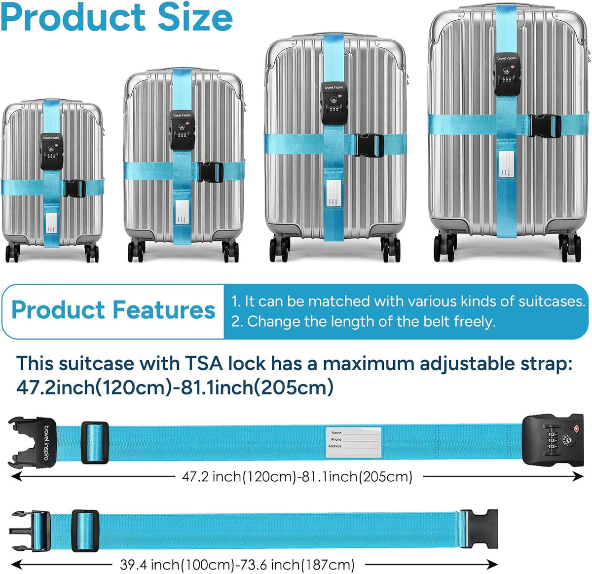 Travel Inspira TSA Approved Luggage Straps 2 Pack Suitcase Belt