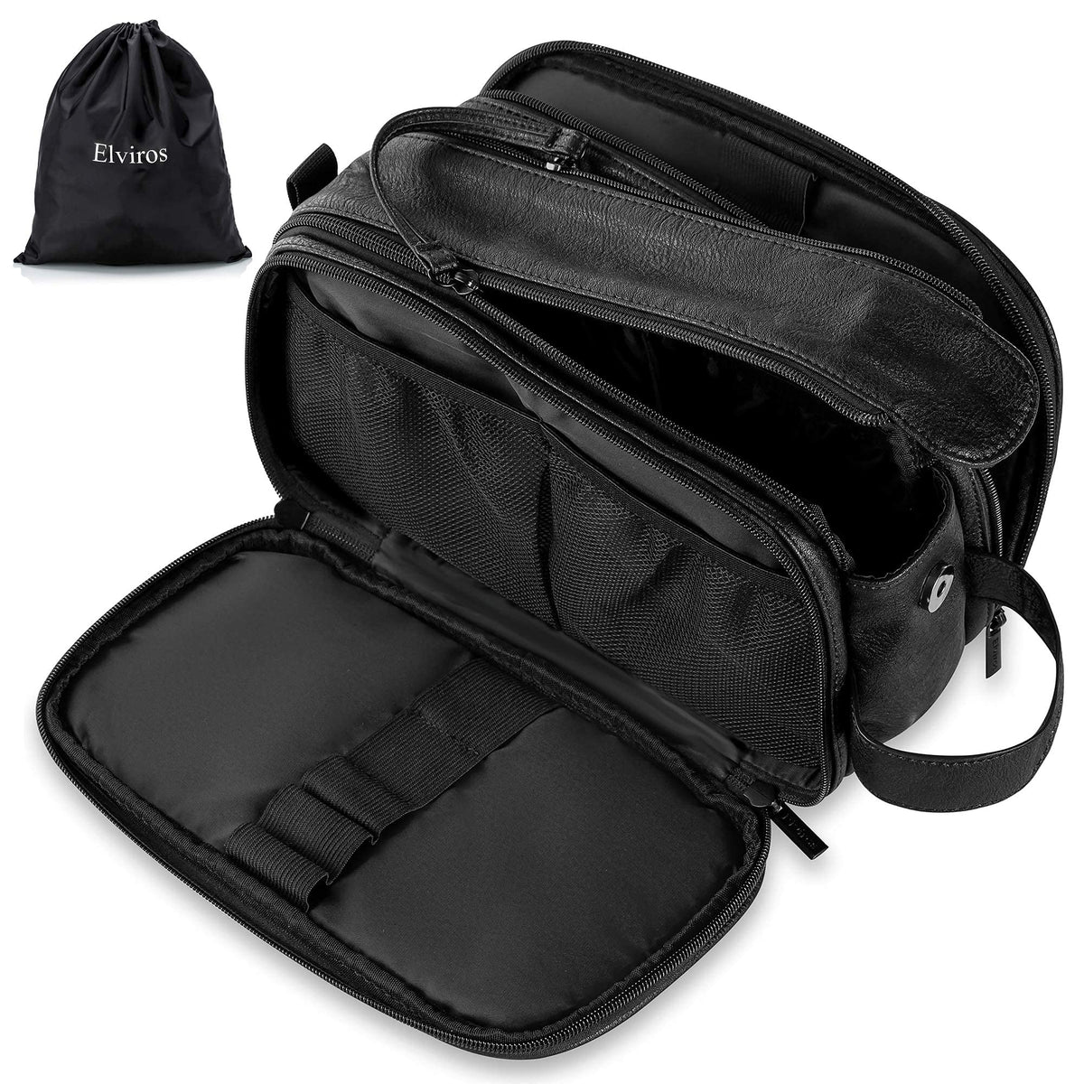 Elviros Toiletry Bag for Men PU Leather Shaving Dopp Kit (Large,Brown)