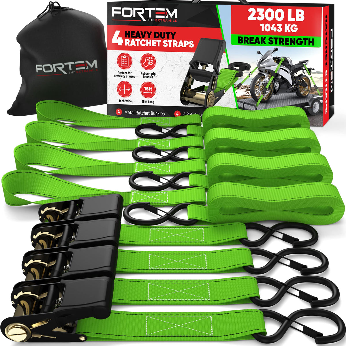 FORTEM Ratchet Straps - Tie Down Strap Set, 4 Pack, 1650lb Break Strength