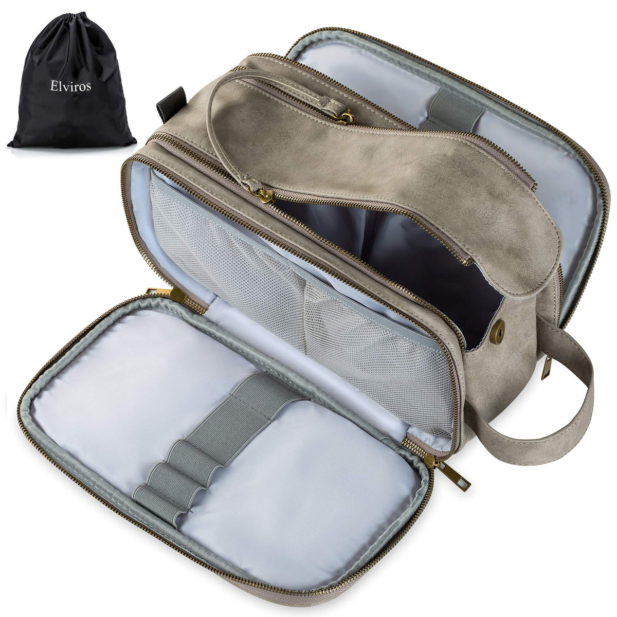 Elviros Toiletry Bag for Men PU Leather Shaving Dopp Kit (Large,Brown)