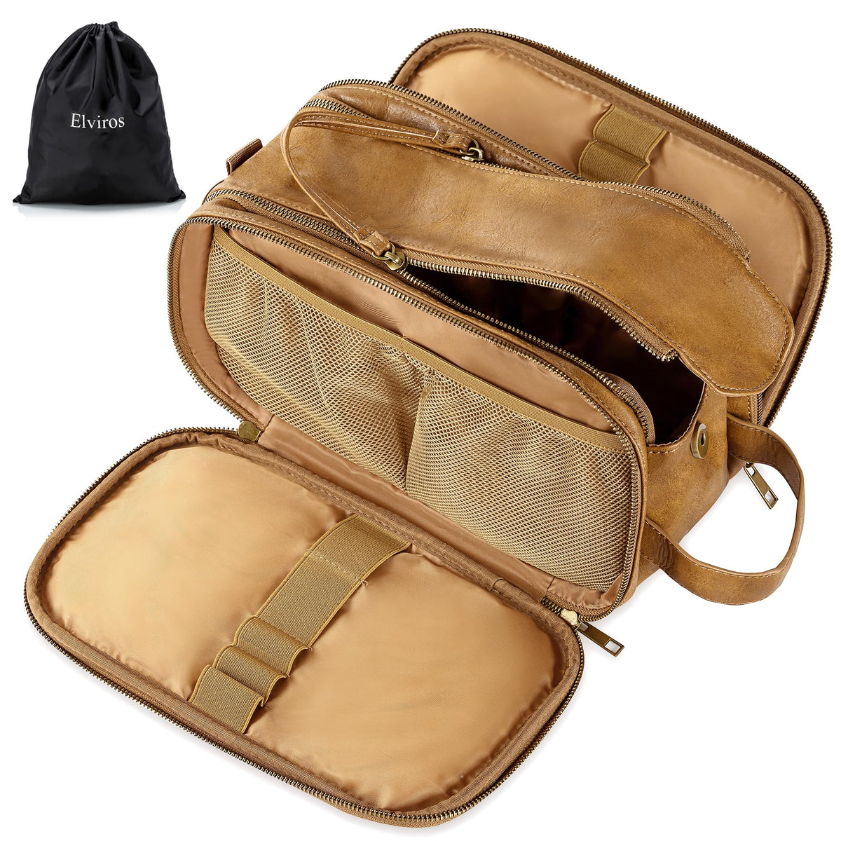 Elviros Toiletry Bag for Men PU Leather Shaving Dopp Kit (Large,Brown)