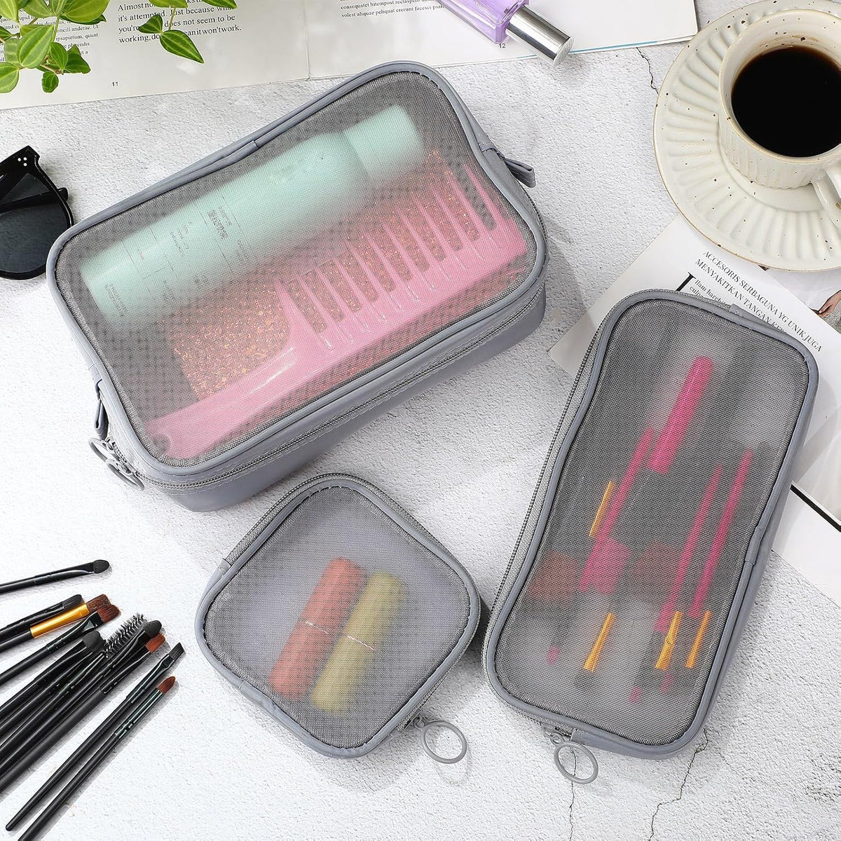 Weewooday 4Pcs Mesh Makeup Bag, Gray, Small, Large, Medium, Classic