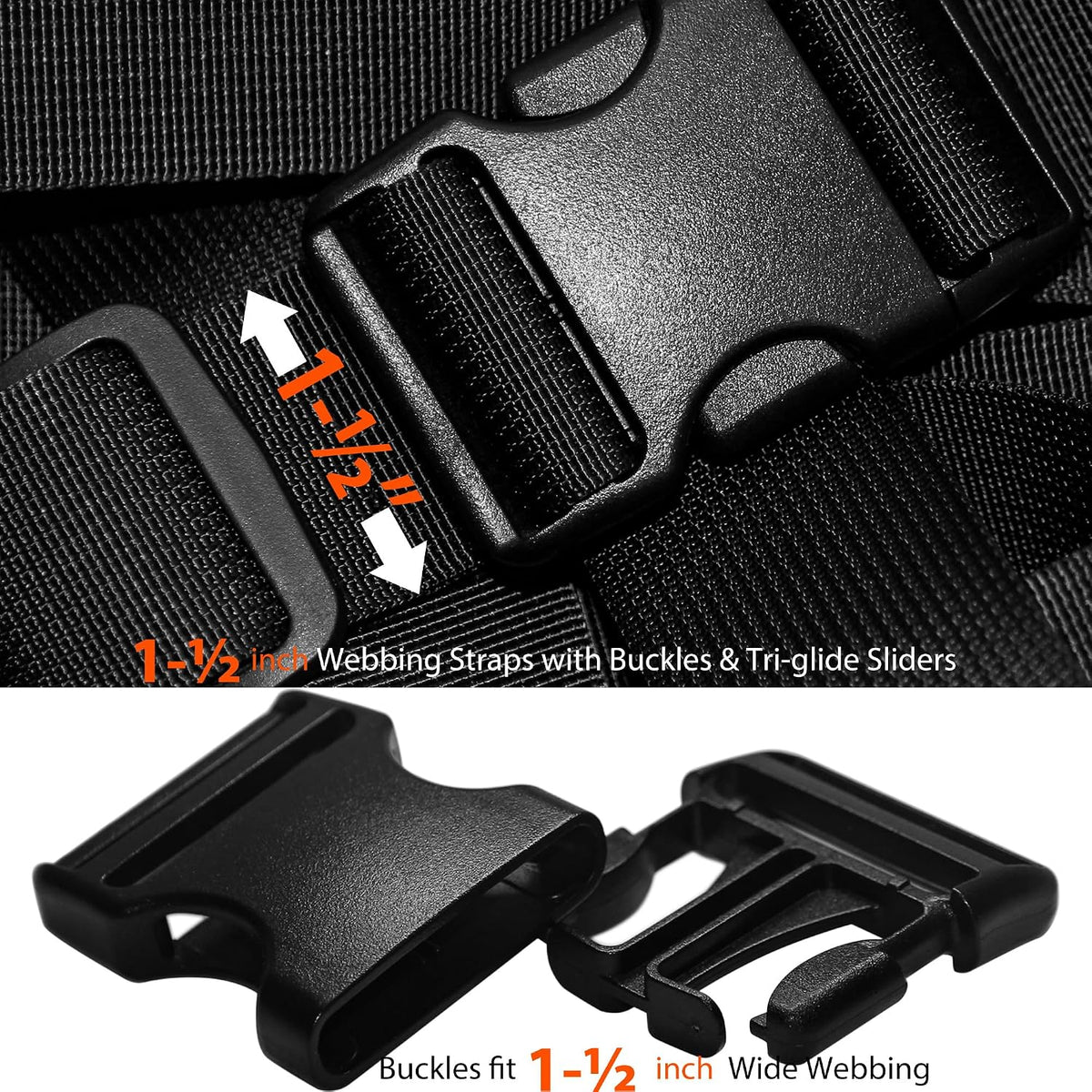 1-1/2" Straps and Buckles Set: 6 yard Nylon Webbing 1.5 inch (38 mm) Wide, 4 pack Side Release Buckle, 8 pcs Tri-Glide Sliders, Plastic Clip Fasteners Replacement Heavy Duty Dual Adjustable No Sew
