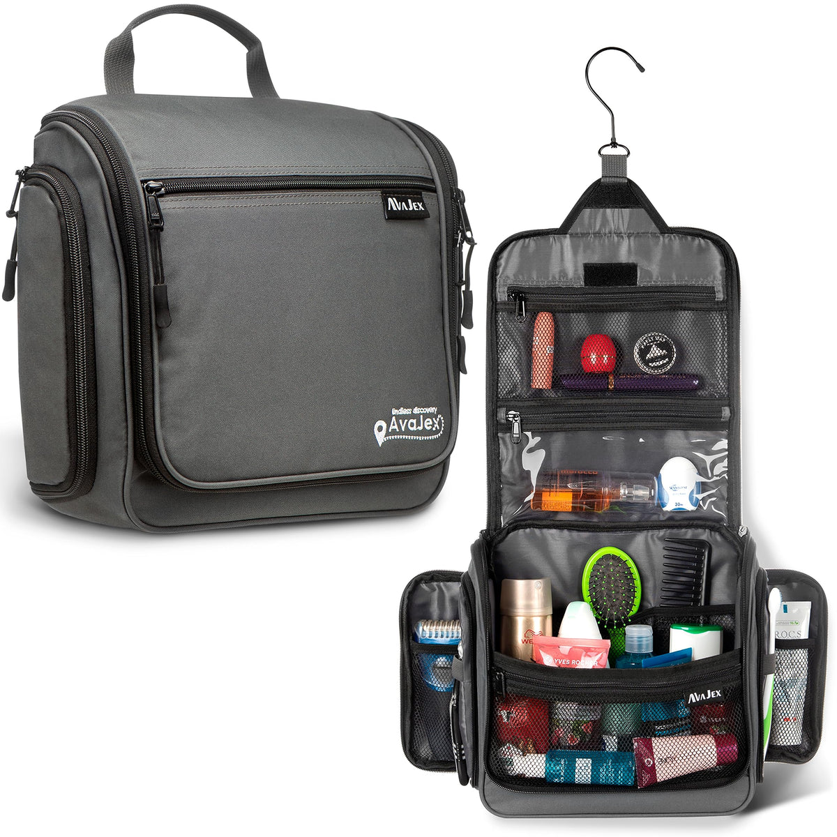 AvaJex Travel Toiletry Bag for Men - Large Dopp Kit (10.6"x10.6"x3.2") - Hanging Waterproof Mens Hygiene Organizer Bag with XXL Metal Swivel Hook, Sturdy Zippers and 19 Compartments for Toiletries