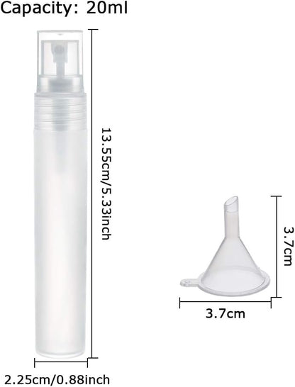 BENECREAT 12PCS 20ml Mini Plastic Spritzer Bottle Frosted Fine Mist Spray Tubes, 2PCS Transfer Pumps, 4PCS Funnels and 4PCS Pipettes for Perfume Lotion Liquids