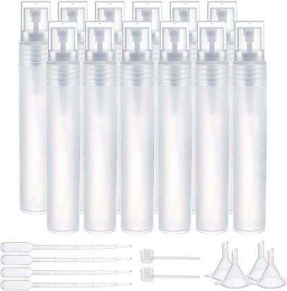 BENECREAT 12PCS 20ml Mini Plastic Spritzer Bottle Frosted Fine Mist Spray Tubes, 2PCS Transfer Pumps, 4PCS Funnels and 4PCS Pipettes for Perfume Lotion Liquids