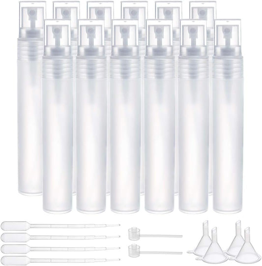 BENECREAT 12PCS 20ml Mini Plastic Spritzer Bottle Frosted Fine Mist Spray Tubes, 2PCS Transfer Pumps, 4PCS Funnels and 4PCS Pipettes for Perfume Lotion Liquids