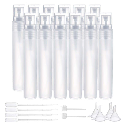 BENECREAT 12PCS 20ml Mini Plastic Spritzer Bottle Frosted Fine Mist Spray Tubes, 2PCS Transfer Pumps, 4PCS Funnels and 4PCS Pipettes for Perfume Lotion Liquids