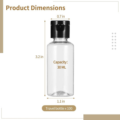 Lnrueg 100 PCS 1OZ Travel Bottles with Flip Cap - 30 ml Clear Plastic Travel Size Containers, Portable Leak Proof Squeeze Bottles Refillable Empty Cosmetic Containers for Liquid Shampoo Lotion, Black