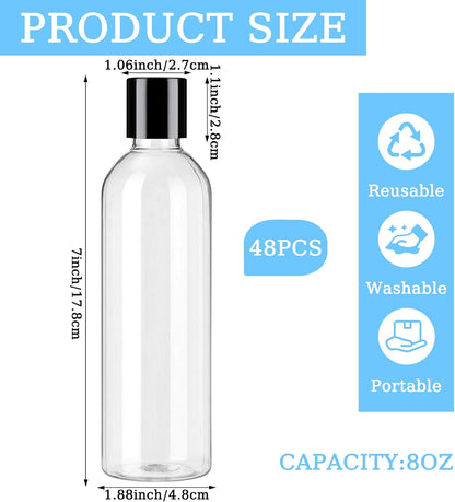 48 Pack 8oz Clear Plastic Empty Bottles, Leak Proof Travel Containers with Disc Top Flip Caps, Refillable Squeeze Shampoo Bottles for Toiletries Liquid Soap, Lotions & Cream
