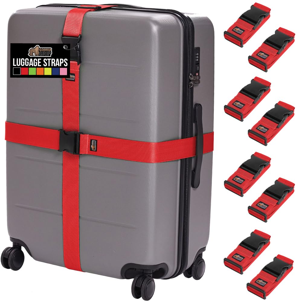 GORILLA GRIP Heavy Duty Luggage Straps for Suitcase, 4 Pack, Red