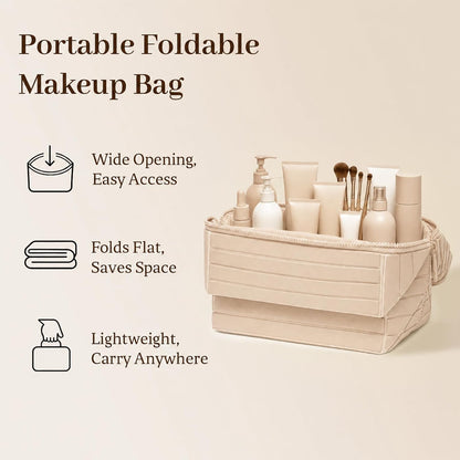 Travel Makeup Bag, Fold Down Stand Up Organizer with Dividers