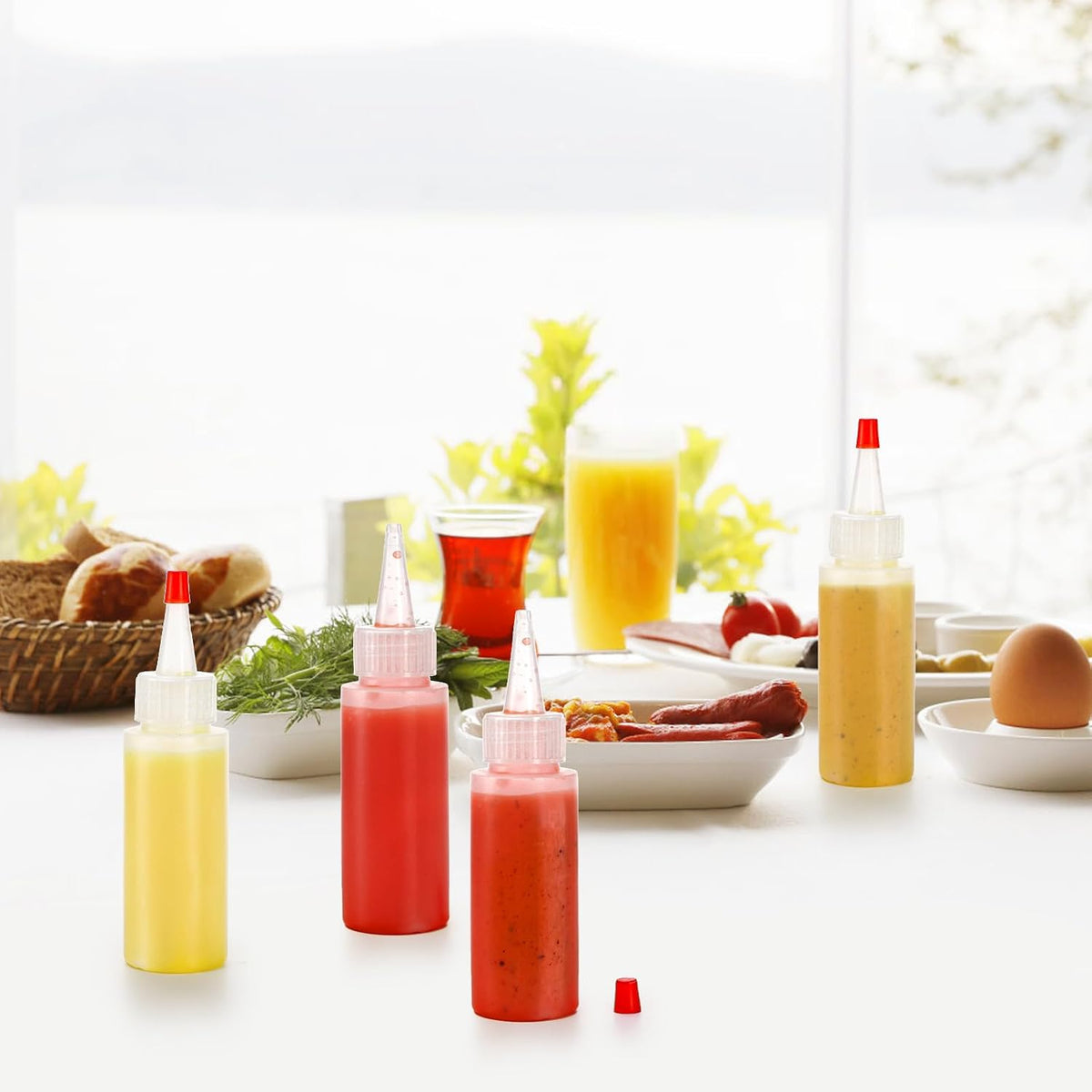 Bekith 40 Pack 2 oz Plastic Squeeze Condiment Bottles with Red Tip Caps, Small Empty Refillable Bottles for Icing, Cookie Decorating, Sauces, Condiments, Arts, Crafts