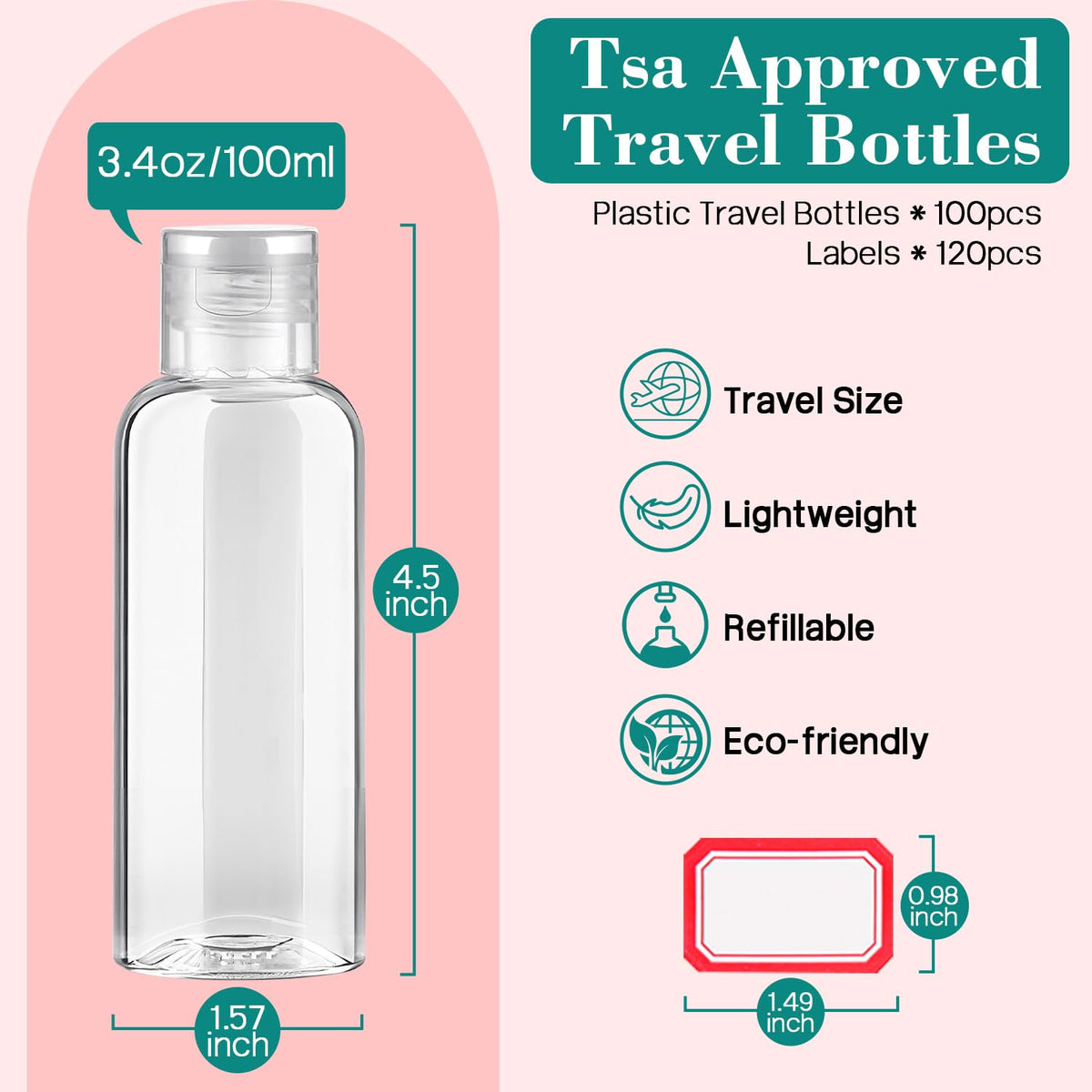 100pcs Empty 3.4 oz Travel Bottles with Flip Cap for Liquids Lotion