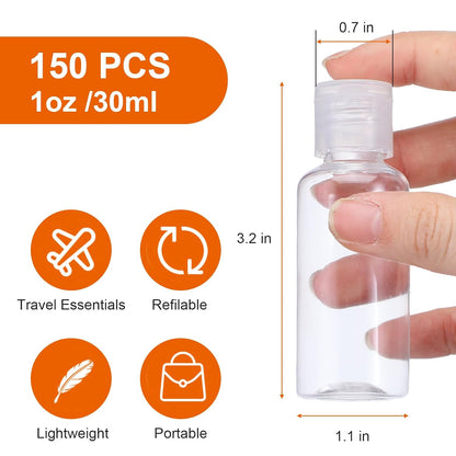 150 Pcs 1 oz Travel Bottles - Small Lotion Containers with Lids, 30ml Clear Plastic Refillable Empty Containers for Toiletries, Shampoo, Lotion, Cream & Liquid Soap (White Cap)