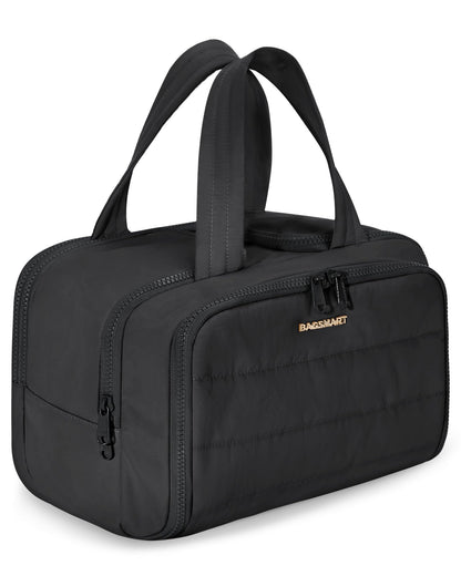 BAGSMART Travel Toiletry Bag, Lightweight Large Wide-open Travel Bag for Women, Puffy Cosmetic Makeup Bag Organizer with Handle for Accessories,Essentials, Toiletries, Black