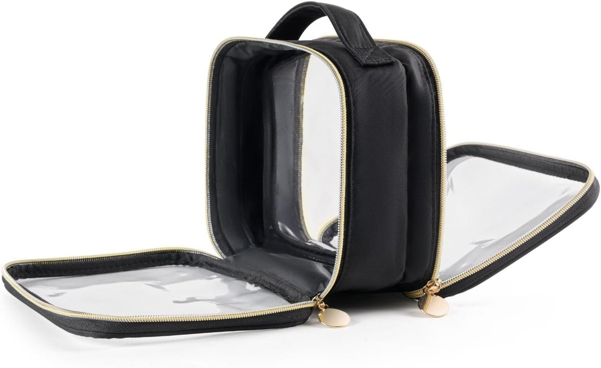 Yarnic Clear Travel Makeup Bag Transparent Cosmetic Pouch Portable Toiletry Bags Two Compartments Cosmetic Bag with Handle Nylon and PVC Make up Organizer