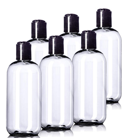 8oz Plastic Bottles (6 Pack) BPA-Free Squeeze Clear Toiletries and Shampoo Containers with Disc Cap, Labels Included for Travel