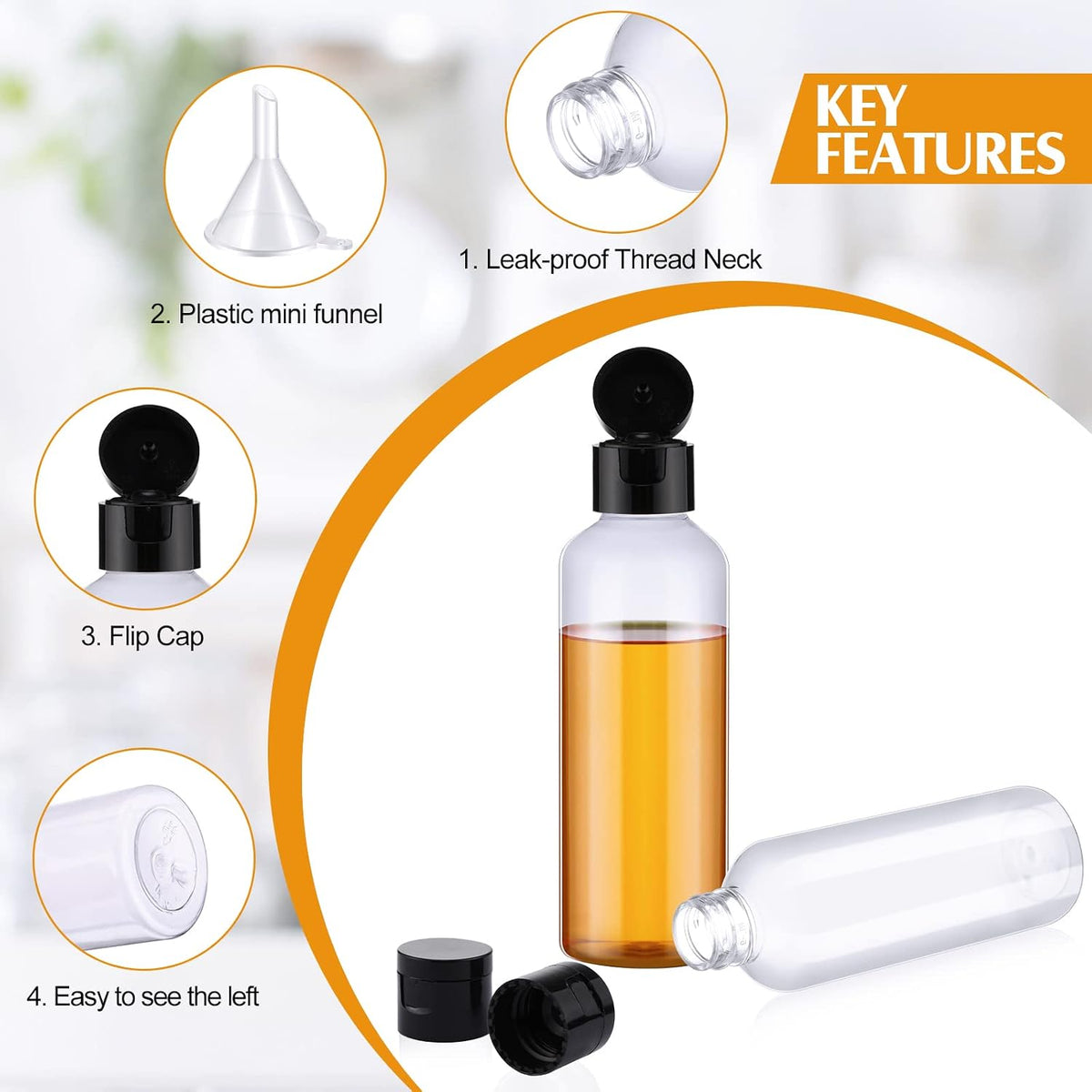 Nuenen 50 Pcs 3.4 oz Travel Size Bottles with Flip Cap Plastic 100ml Travel Bottle TSA Approved for Toiletries with 2 Funnels Small Leakproof Empty Refillable Squeeze Shampoo Containers(Clear, Black)