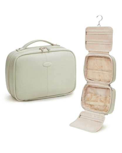 EACHY Toiletry Bag with Hanging Hook, Travel Makeup Bag PU Leather Cosmetic Bags for Women Make Up Organizer with 4 Compartments Waterproof Full-Size Portable Travel Essentials (Beige)